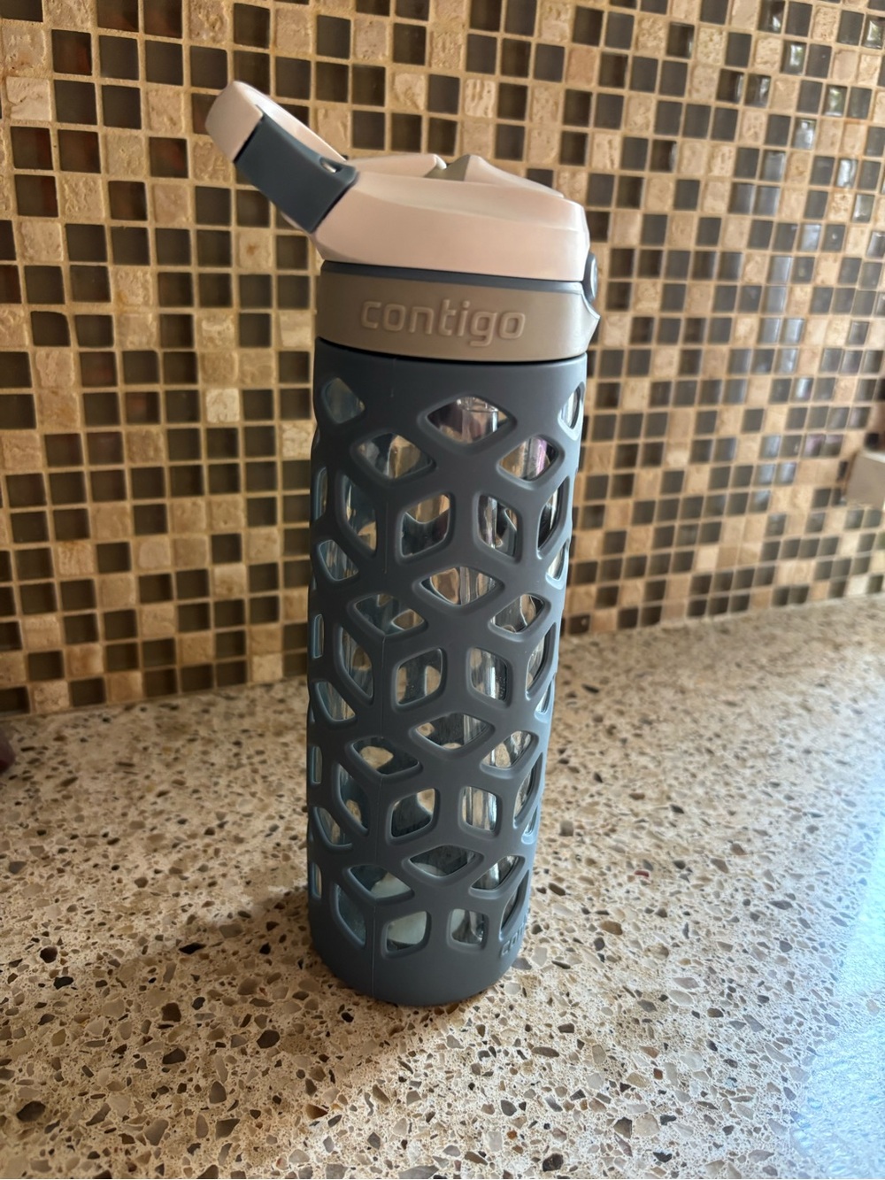 Contigo Glass Bottle with Slate Blue Silicone Sleeve and White Lid